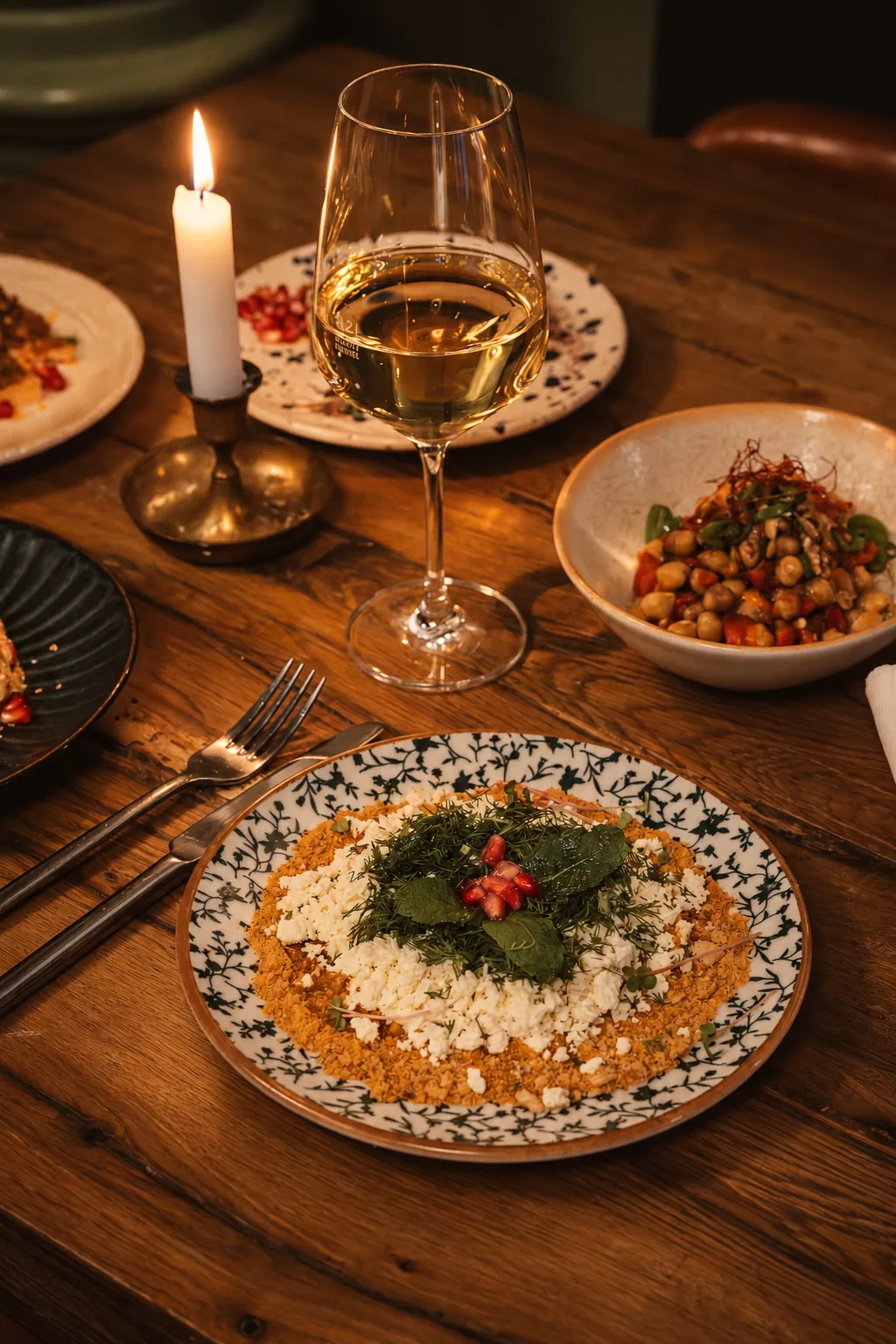 Ein gedeckter Tisch mit mehreren Gerichten und Wein