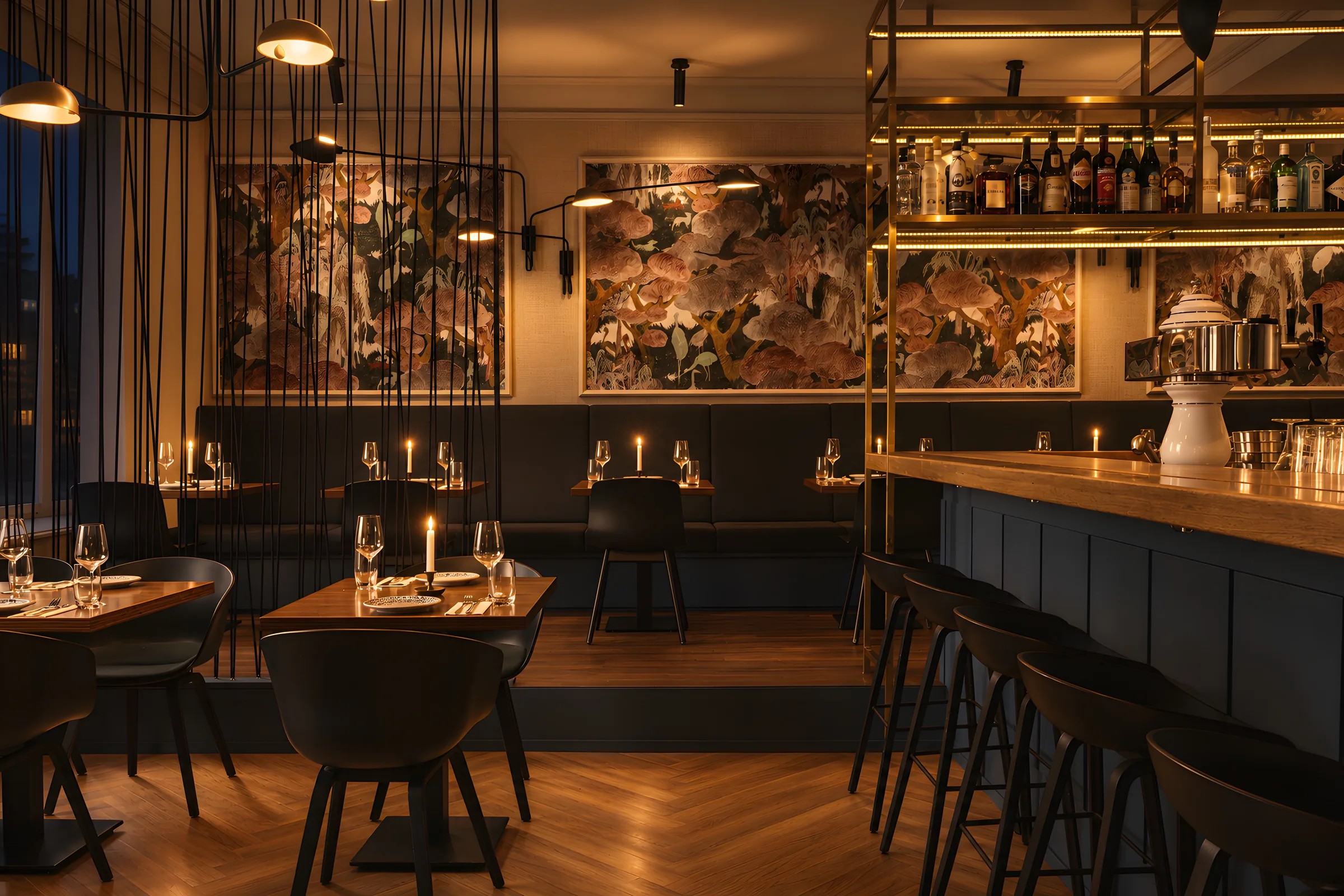 Gastraum im Levante Glockenbach mit Tapeten, Messingregalen und Bar