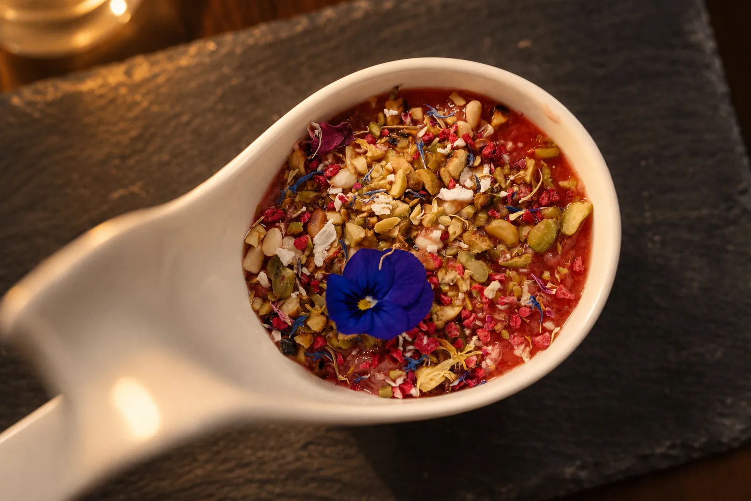 Dessert mit Pistazien und Rosenblüten