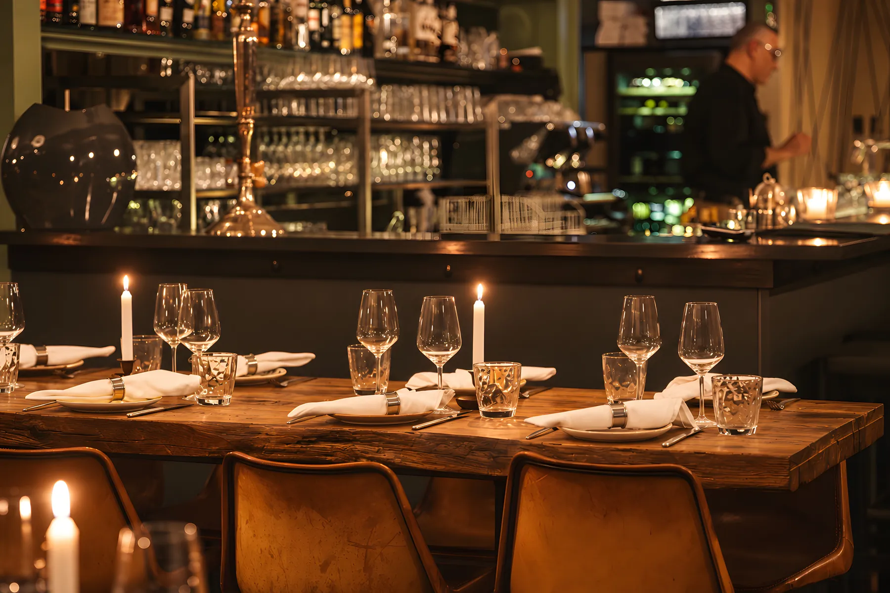 Bar und lange Tafel bei Kerzenlicht im Levante Schwabing